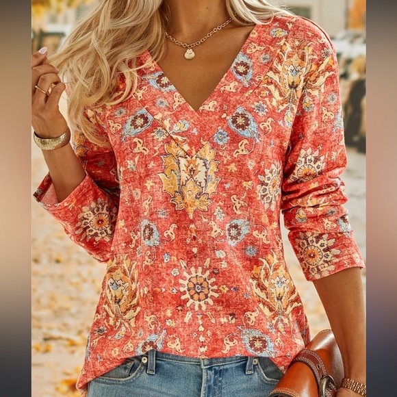 Boho Chic Floral V-Neck Top XXL Multicolor Long Sleeve Pullover Bohemian Blouse - Picture 2 of 15